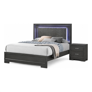 Queen Bedroom Set- Dark Gray- Metallic Gray Wood- 2 Piece Set with Nightstand
