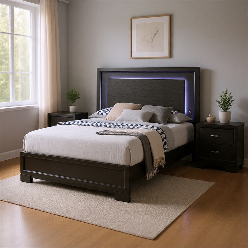 Queen Bedroom Set- Dark Gray- Metallic Gray Wood- 3 Piece Set with 2 Nightstands