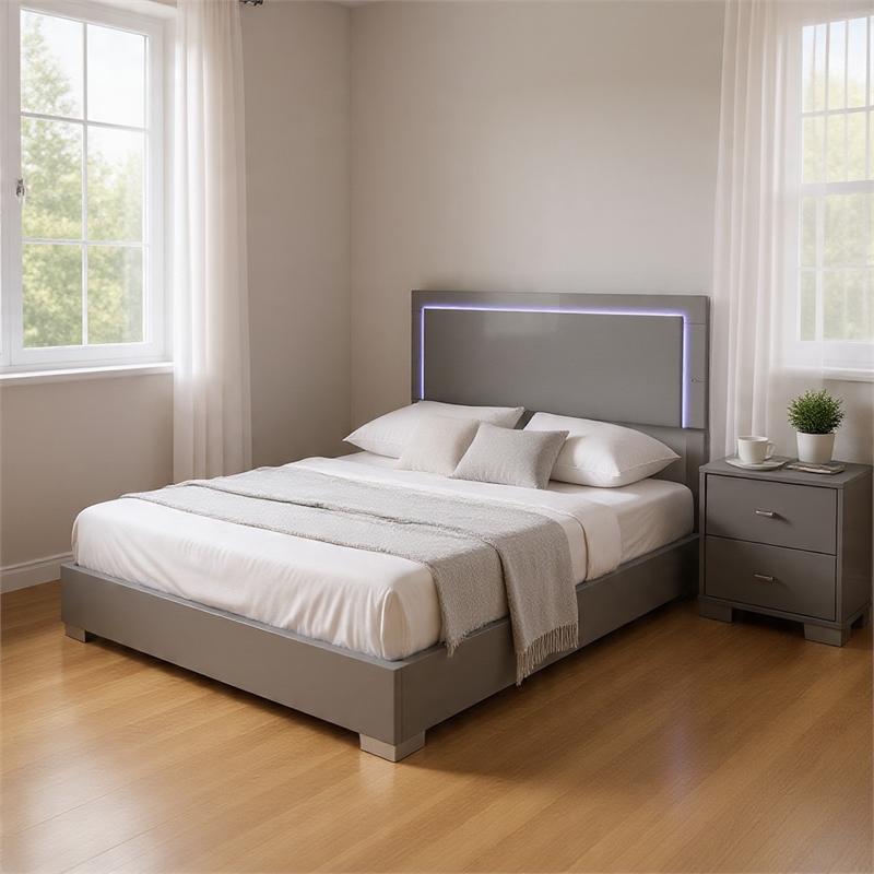 Queen Bedroom Set- Light Taupe- Chrome Silver Wood- 2 Piece Set with Nightstand