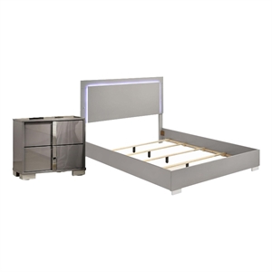 Queen Bedroom Set- Light Taupe- Chrome Silver Wood- 2 Piece Set with Nightstand
