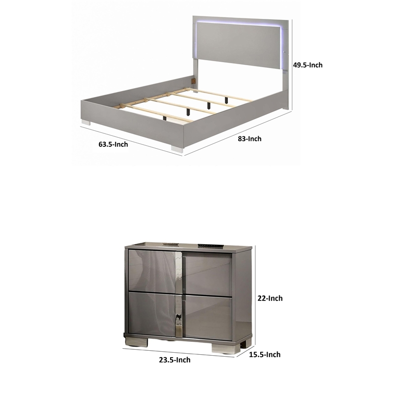 Queen Bedroom Set- Light Taupe- Chrome Silver Wood-3 Piece Set with 2 Nightstand