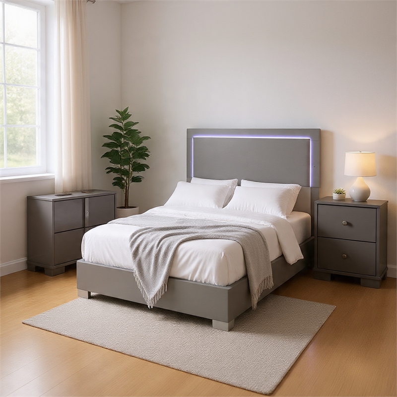 Queen Bedroom Set- Light Taupe- Chrome Silver Wood-3 Piece Set with 2 Nightstand