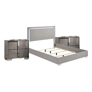Queen Bedroom Set- Light Taupe- Chrome Silver Wood-3 Piece Set with 2 Nightstand