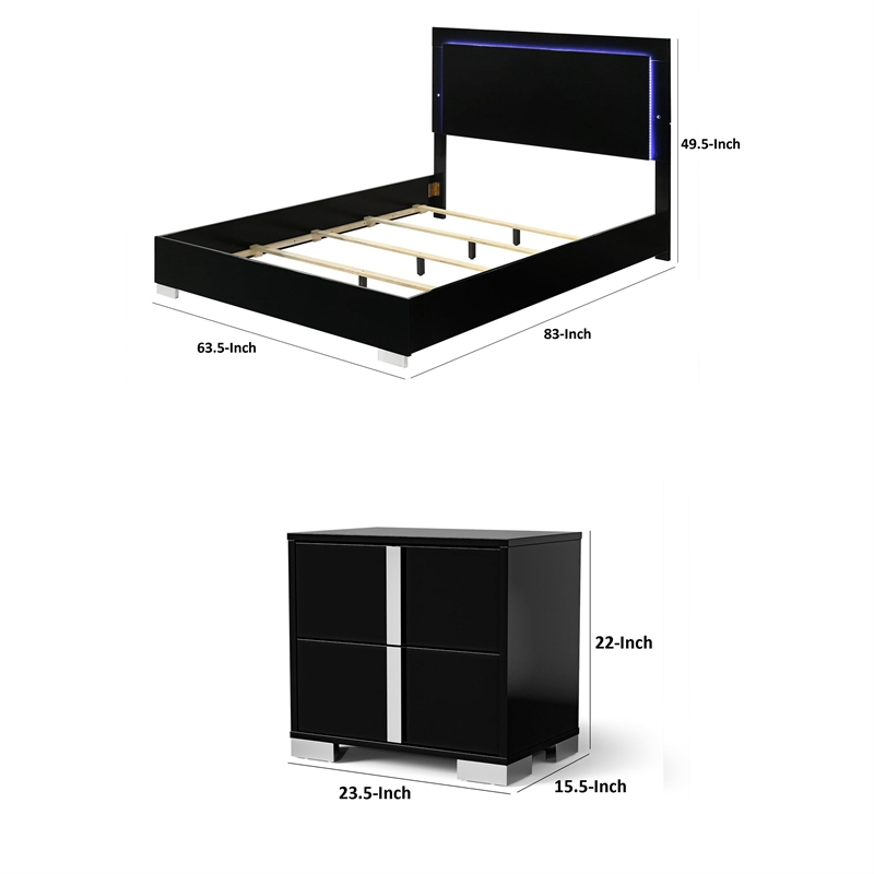 Queen Bedroom Set- Piano Black-Chrome Silver Wood-2 Piece Set with Nightstand