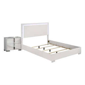 Queen Bedroom Set- White- Chrome- Chrome Silver Wood-2 Piece Set with Nightstand