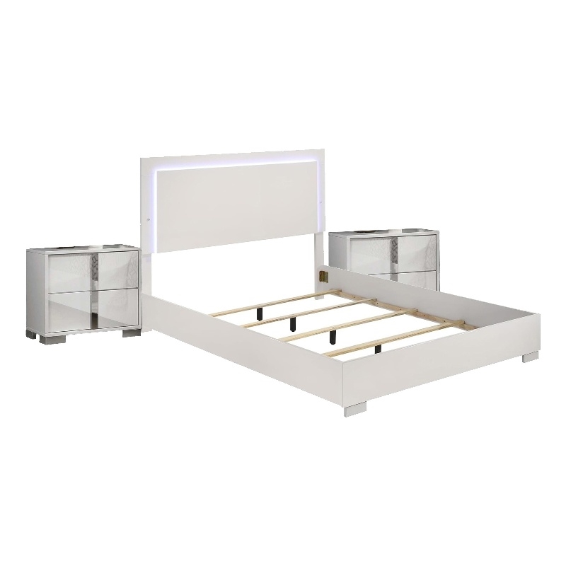 Queen Bedroom Set- White-Chrome Silver Wood- 3 Piece Set with 2 Nightstands