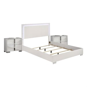 Queen Bedroom Set- White-Chrome Silver Wood- 3 Piece Set with 2 Nightstands