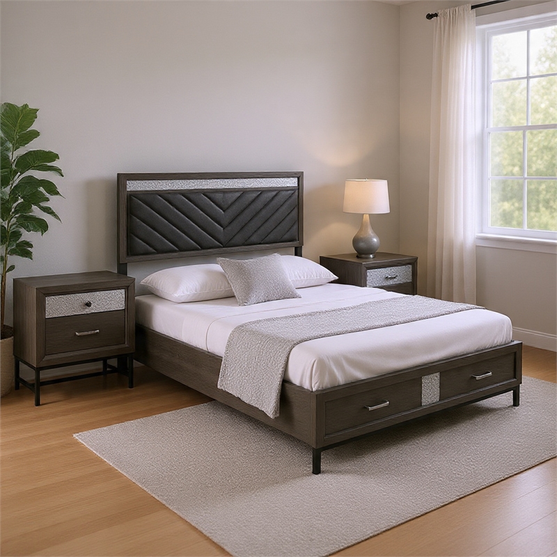 Queen Bedroom Set- Gray- Silver- Black Wood- 2 Piece Set with Nightstand