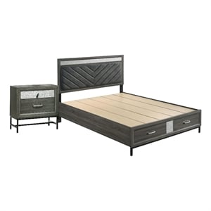 Queen Bedroom Set- Gray- Silver- Black Wood- 2 Piece Set with Nightstand