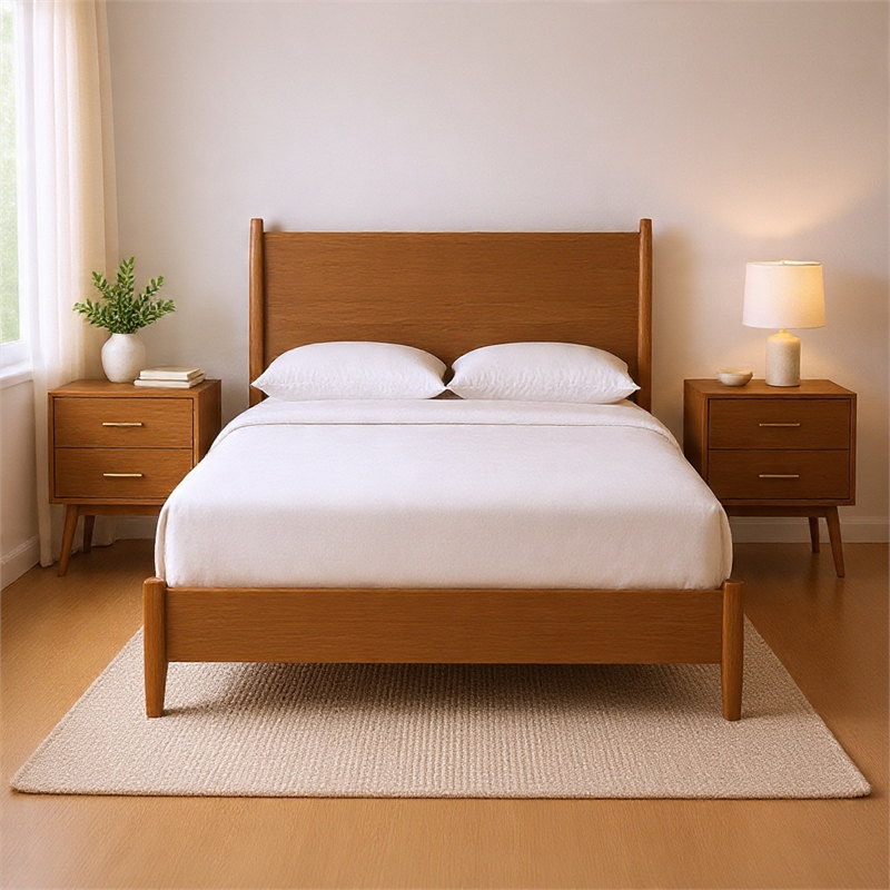 Queen Bedroom Set- Walnut Brown- Nickel Wood- 3 Piece Set with 2 Nightstands