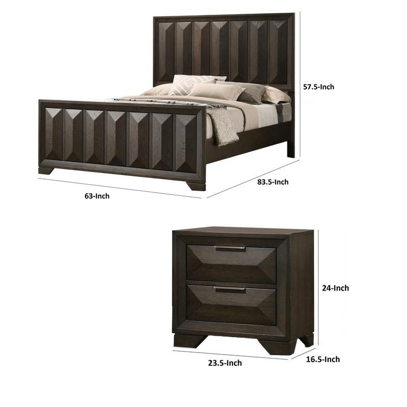 Queen Bedroom Set- Espresso Brown- Nickel Wood- 2 Piece Set with Nightstand