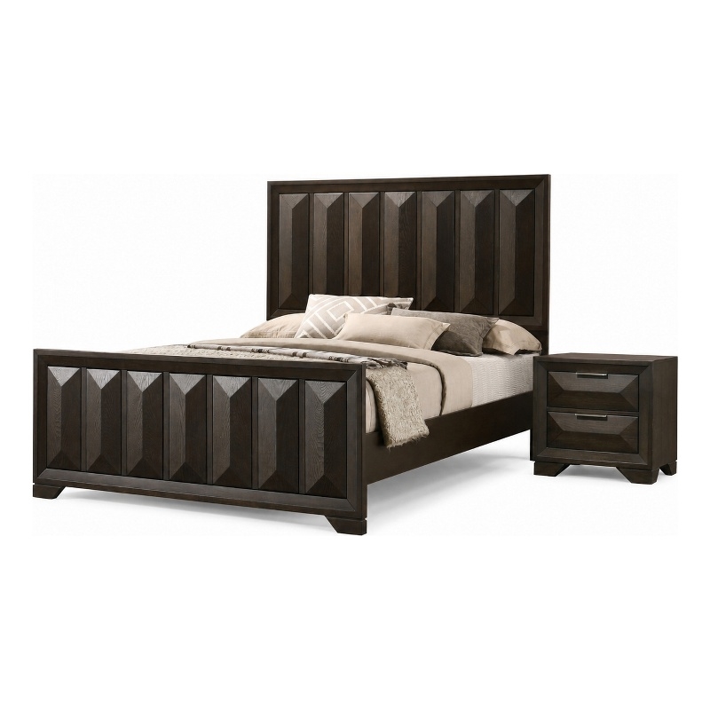 Queen Bedroom Set- Espresso Brown- Nickel Wood- 2 Piece Set with Nightstand