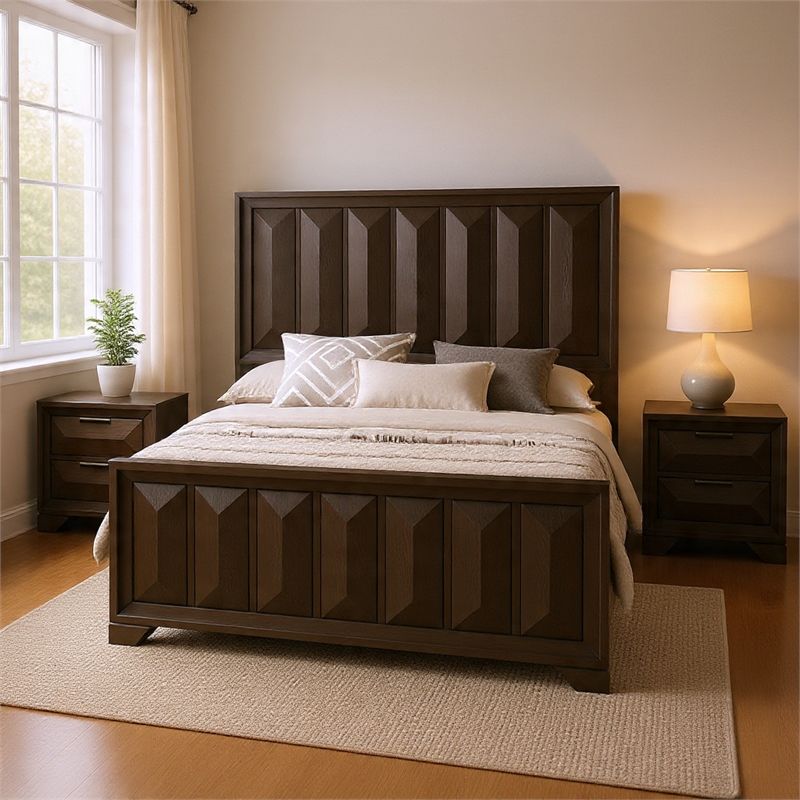 Queen Bedroom Set- Espresso Brown- Nickel Wood- 3 Piece Set with 2 Nightstands
