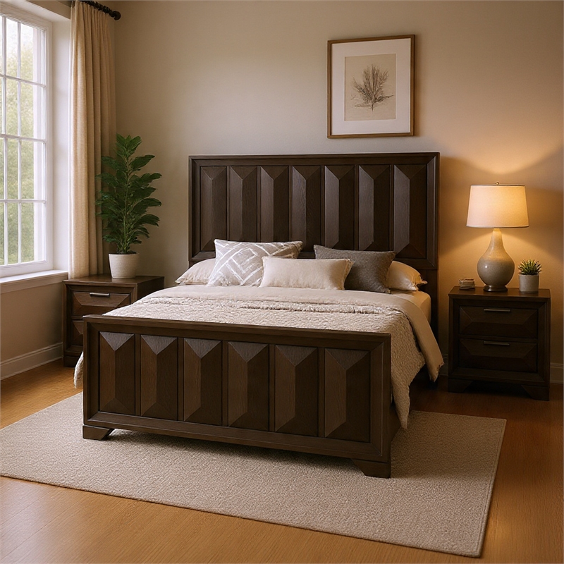 Queen Bedroom Set- Espresso Brown- Nickel Wood- 3 Piece Set with 2 Nightstands