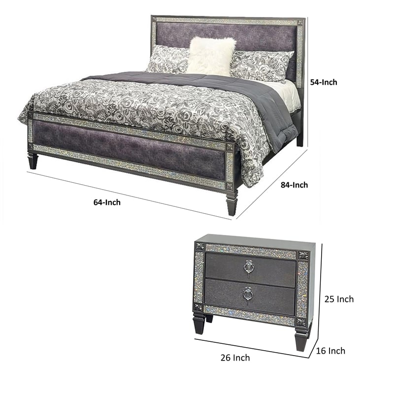 Queen Bedroom Set- Gray- Nickel Wood- 2 Piece Set with Nightstand