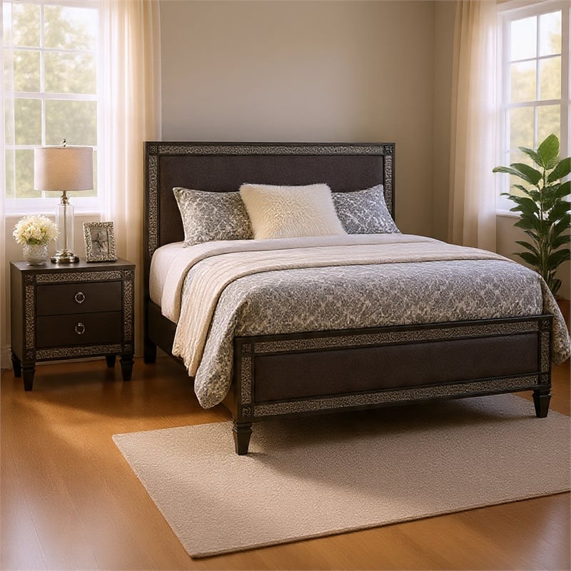 Queen Bedroom Set- Gray- Nickel Wood- 2 Piece Set with Nightstand