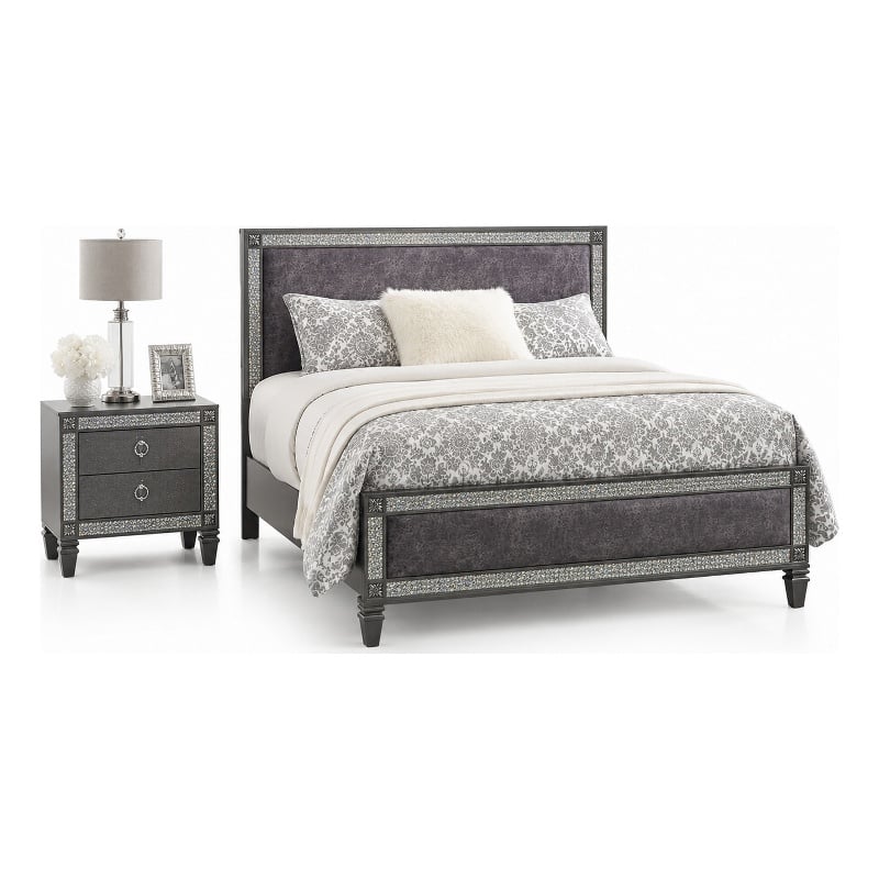 Queen Bedroom Set- Gray- Nickel Wood- 2 Piece Set with Nightstand