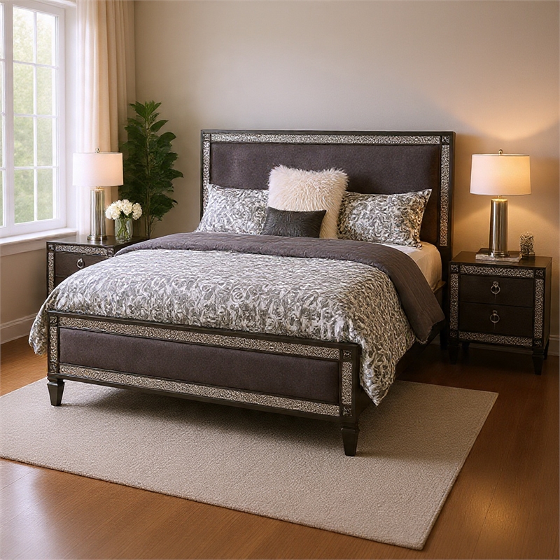 Queen Bedroom Set- Gray- Nickel Wood- 3 Piece Set with 2 Nightstands