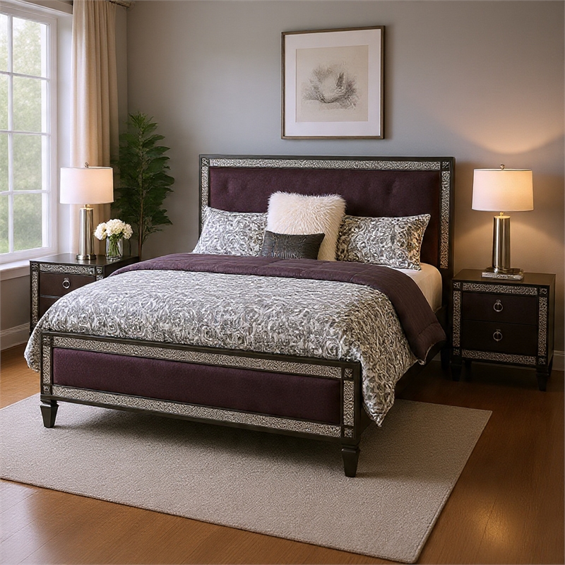 Queen Bedroom Set- Gray- Nickel Wood- 3 Piece Set with 2 Nightstands