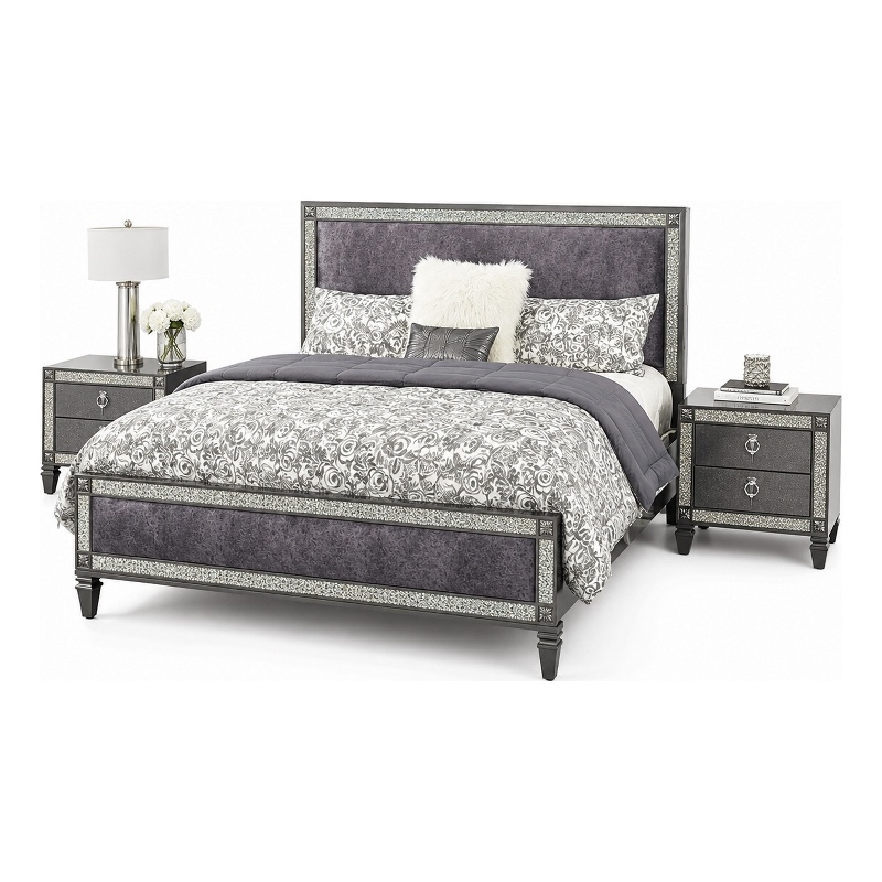 Queen Bedroom Set- Gray- Nickel Wood- 3 Piece Set with 2 Nightstands