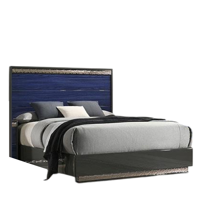 Queen Bedroom Set- Ash Gray- Indigo Blue-Wood- 2 Piece Set with Nightstand