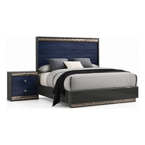 Queen Bedroom Set- Ash Gray- Indigo Blue-Wood- 2 Piece Set with Nightstand
