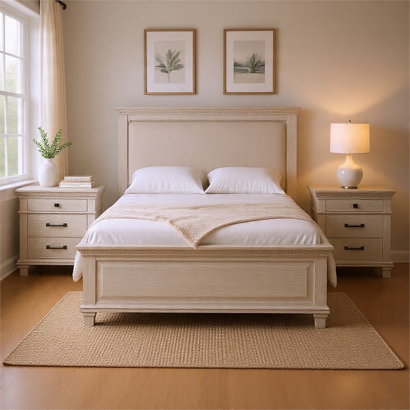 Queen Bedroom Set- Gray- Cream Wood- 3 Piece Set with 2 Nightstands