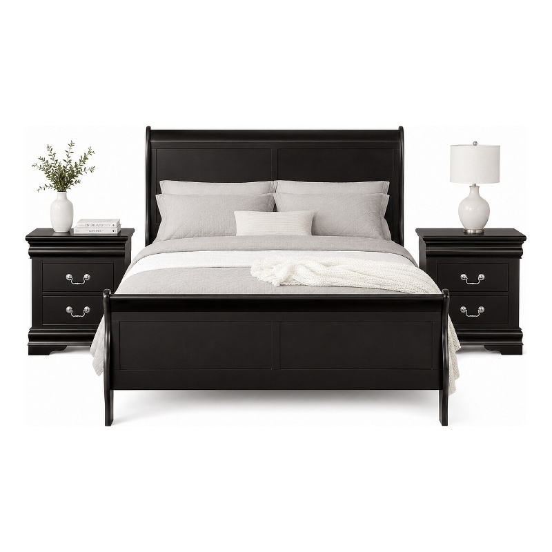 Queen Bedroom Set- Black- Nickel Wood- 3 Piece Set with 2 Nightstands