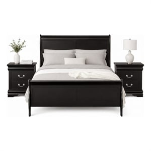 Queen Bedroom Set- Black- Nickel Wood- 3 Piece Set with 2 Nightstands