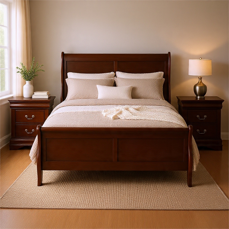 Queen Bedroom Set- Cherry Brown- Bronze Wood- 3 Piece Set with 2 Nightstands