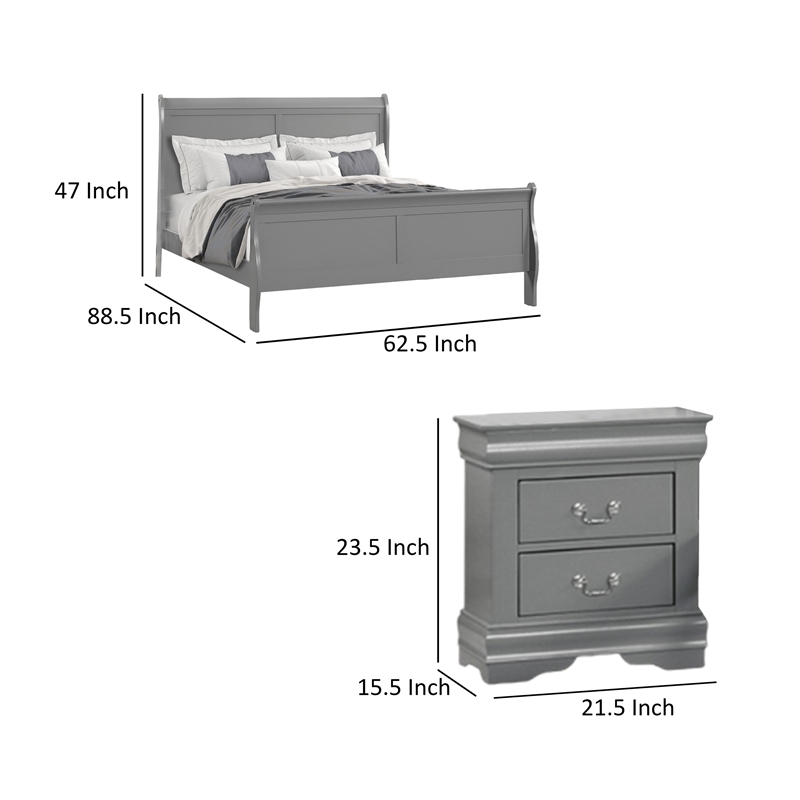 Queen Bedroom Set- Gray- Nickel Wood- 2 Piece Set with Nightstand
