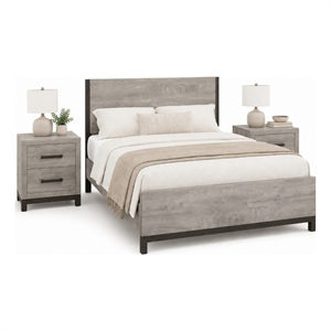 Queen Bedroom Set- Gray Wood- 3 Piece Set with 2 Nightstands
