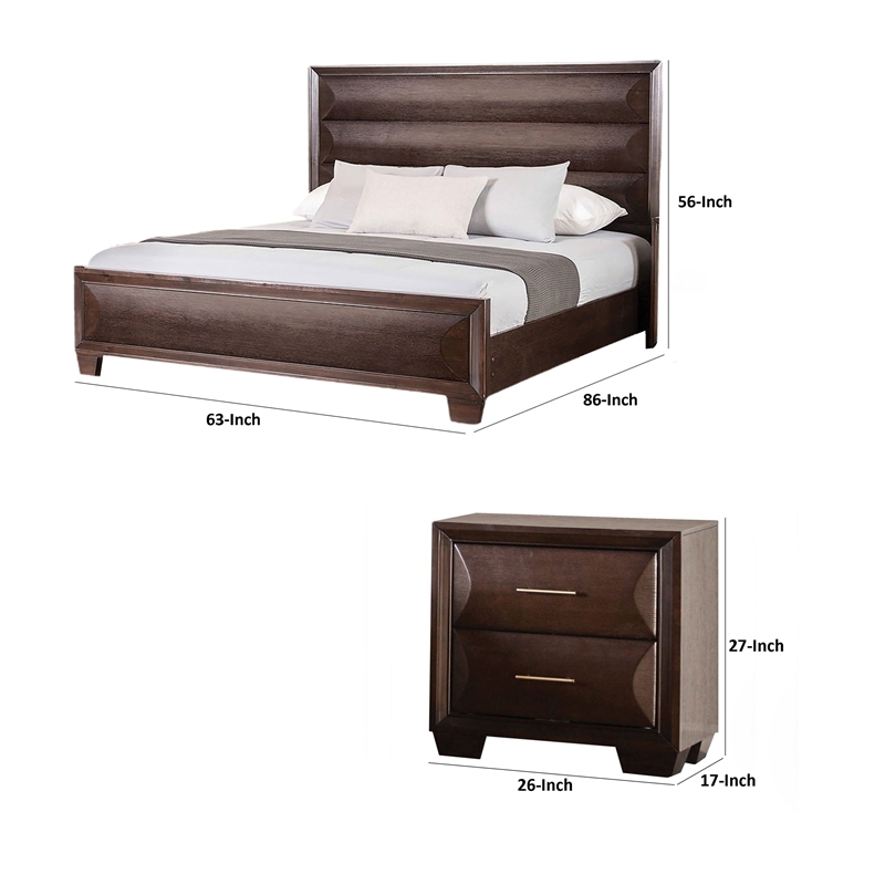 Queen Bedroom Set- Espresso Brown- Gold Wood- 2 Piece Set with Nightstand