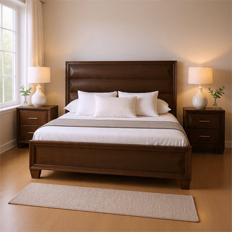 Queen Bedroom Set- Espresso Brown- Gold Wood- 3 Piece Set with 2 Nightstands