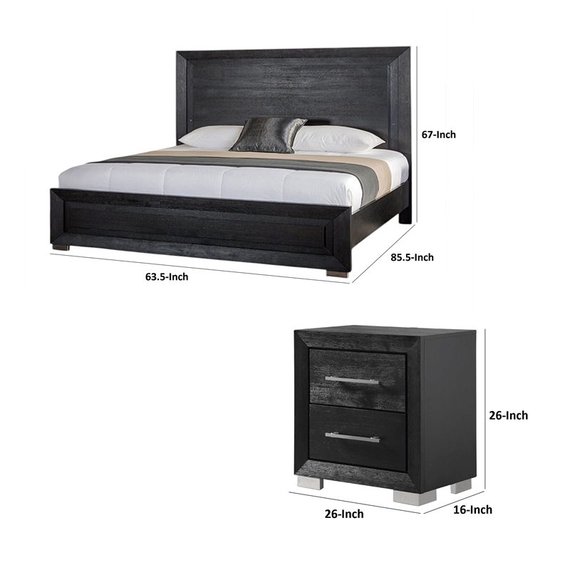 Queen Bedroom Set- Black- Chrome- Nickel Wood- 2 Piece Set with Nightstand