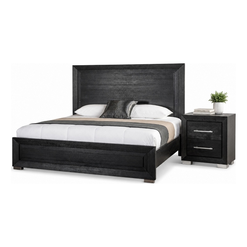 Queen Bedroom Set- Black- Chrome- Nickel Wood- 2 Piece Set with Nightstand
