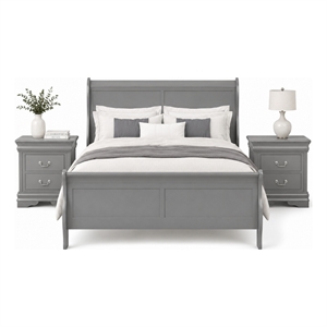 Queen Bedroom Set- Gray- Nickel Wood- 3 Piece Set with 2 Nightstands