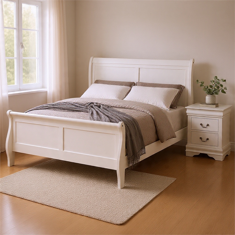 Queen Bedroom Set- White- Nickel Wood- 2 Piece Set with Nightstand