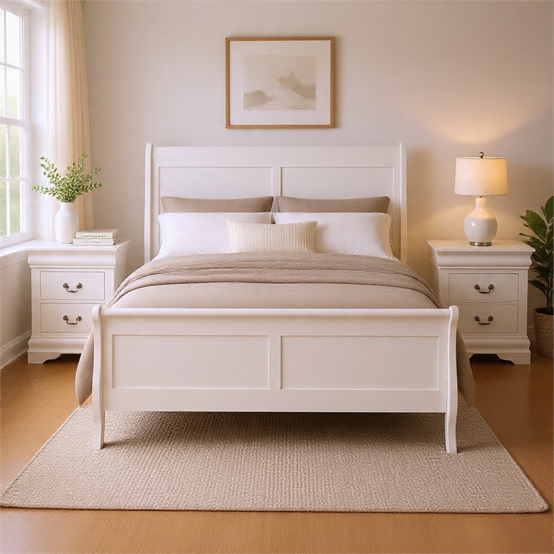 Queen Bedroom Set- White- Nickel Wood- 3 Piece Set with 2 Nightstands