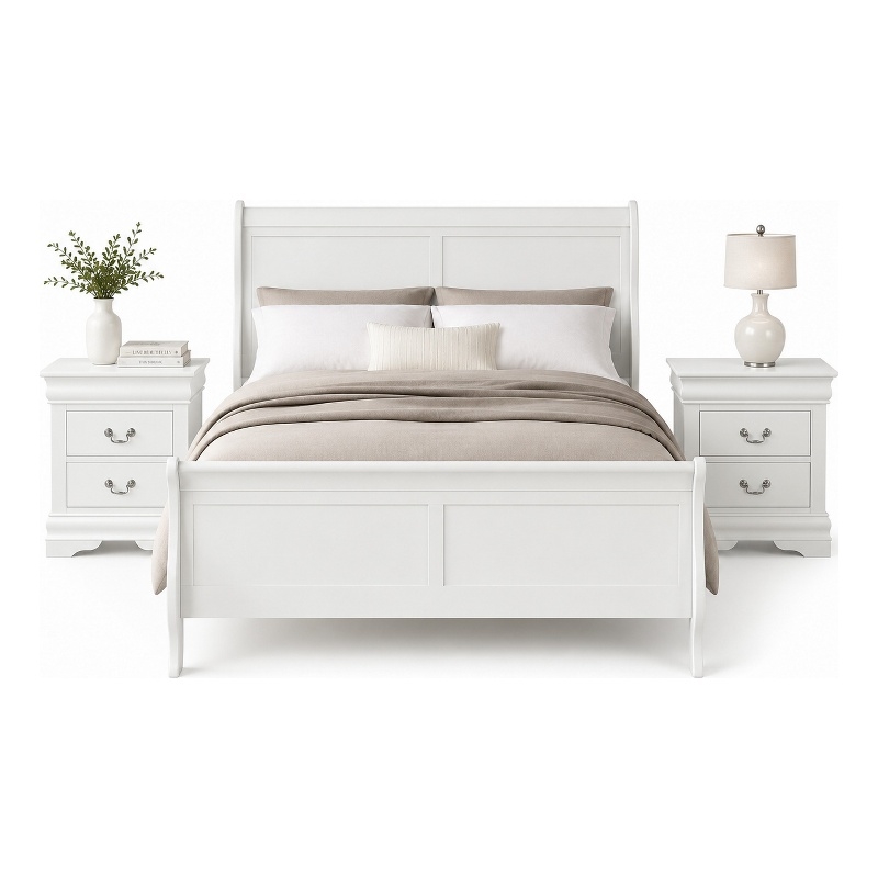 Queen Bedroom Set- White- Nickel Wood- 3 Piece Set with 2 Nightstands