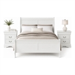 Queen Bedroom Set- White- Nickel Wood- 3 Piece Set with 2 Nightstands