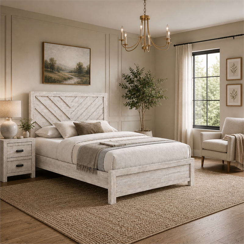 Full Bedroom Set- Beige- Black Wood- 2 Piece Set with Nightstand