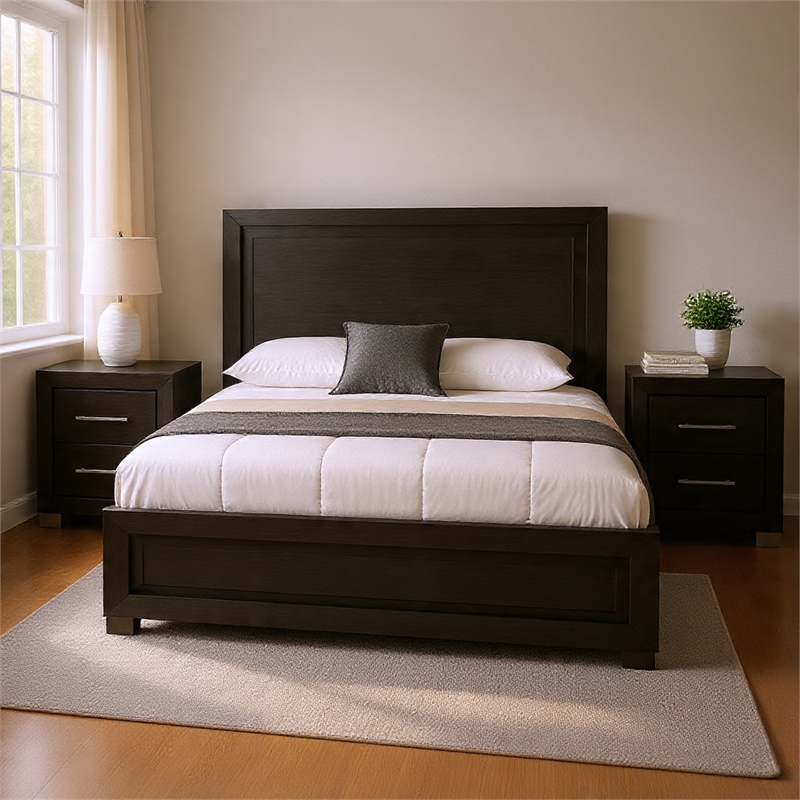 Queen Bedroom Set- Black- Chrome- Nickel Wood- 3 Piece Set with 2 Nightstands