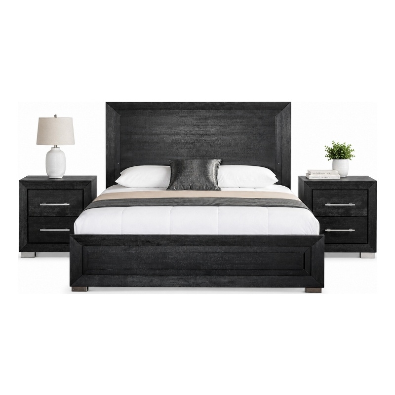 Queen Bedroom Set- Black- Chrome- Nickel Wood- 3 Piece Set with 2 Nightstands