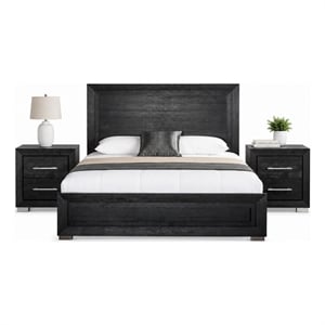 Queen Bedroom Set- Black- Chrome- Nickel Wood- 3 Piece Set with 2 Nightstands