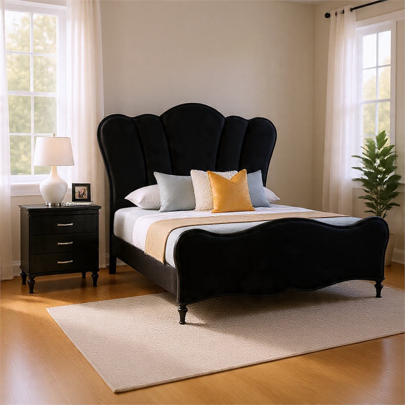 Queen Bedroom Set- Black- Chrome Wood- 2 Piece Set with Nightstand