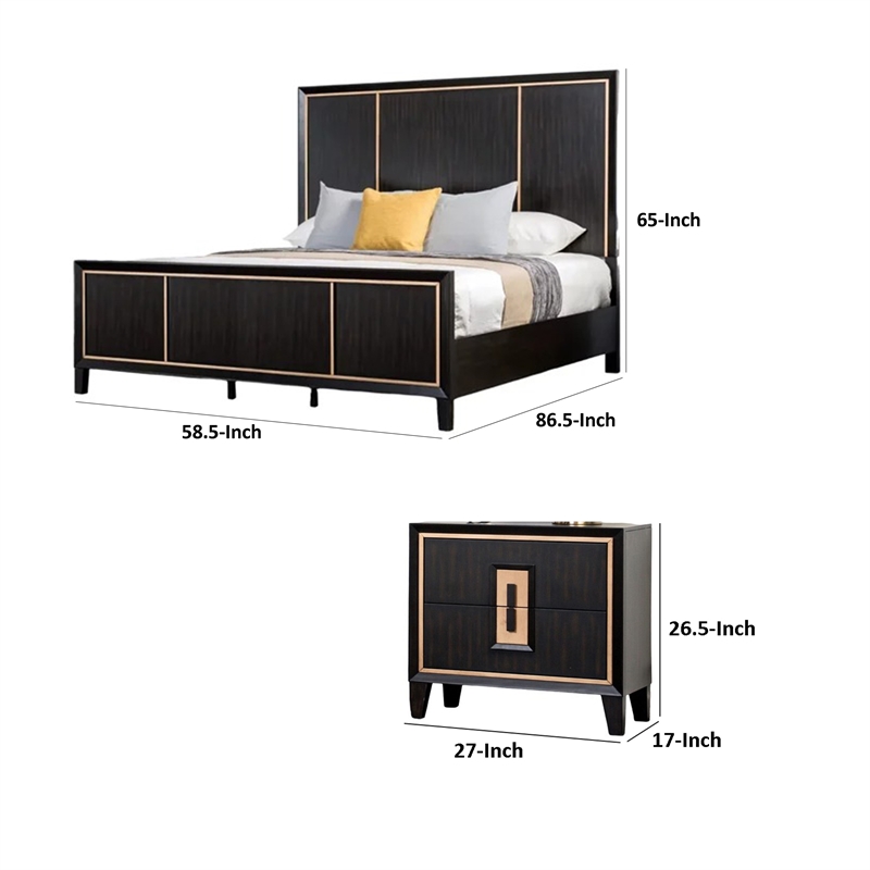 Queen Bedroom Set- Espresso Brown- Gold Wood- 2 Piece Set with Nightstand