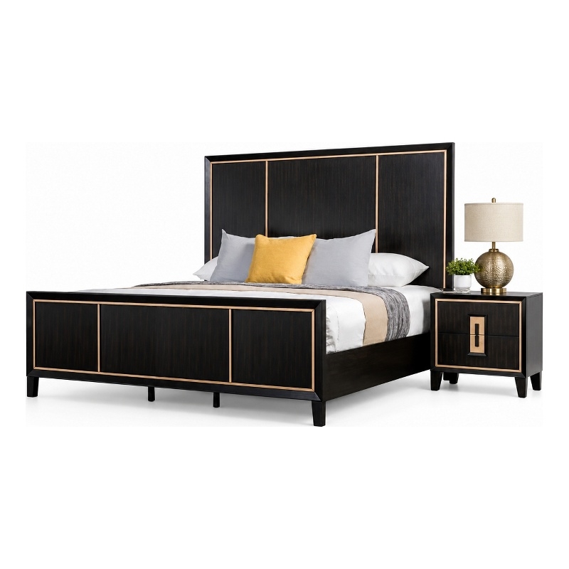 Queen Bedroom Set- Espresso Brown- Gold Wood- 2 Piece Set with Nightstand