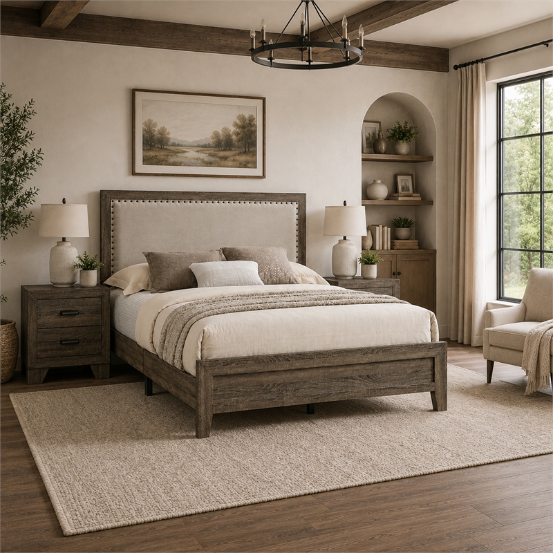King Bedroom Set- Gray- Ivory- Brown Wood- 3 Piece Set with 2 Nightstands