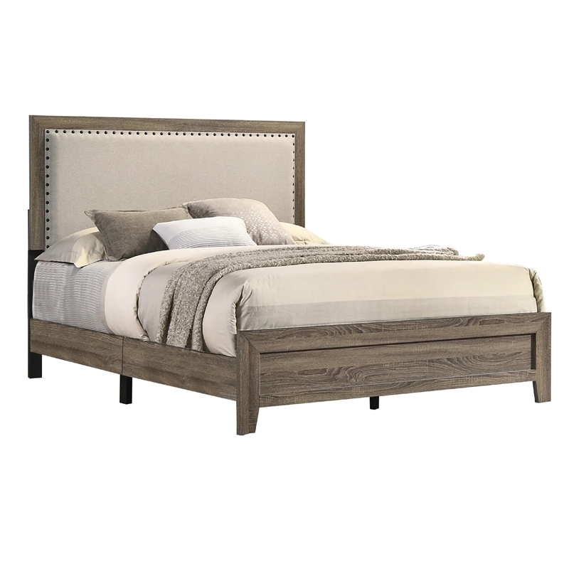 King Bedroom Set- Gray- Ivory- Brown Wood- 2 Piece Set with Nightstand